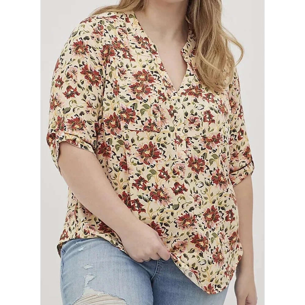 Torrid‎ Womens Sz 3 (22/24) Yellow Floral Print V Neck 3/4 Sleeve Harper Blouse
